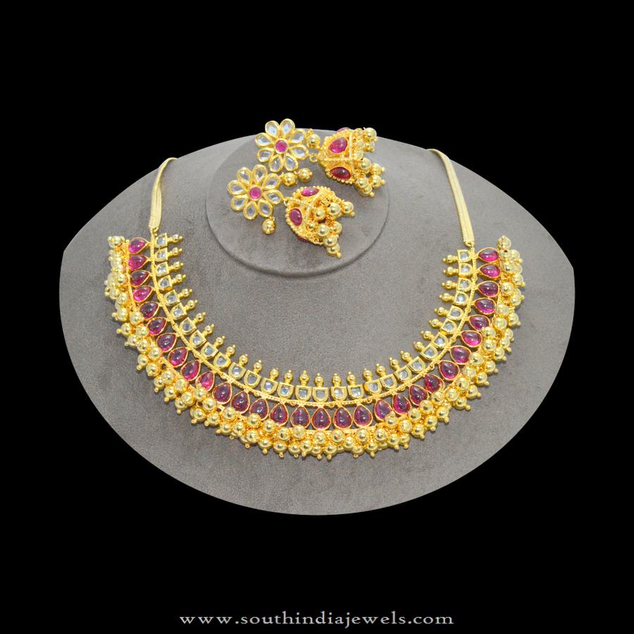 1gm Gold Ruby Choker Necklace with Jhumka
