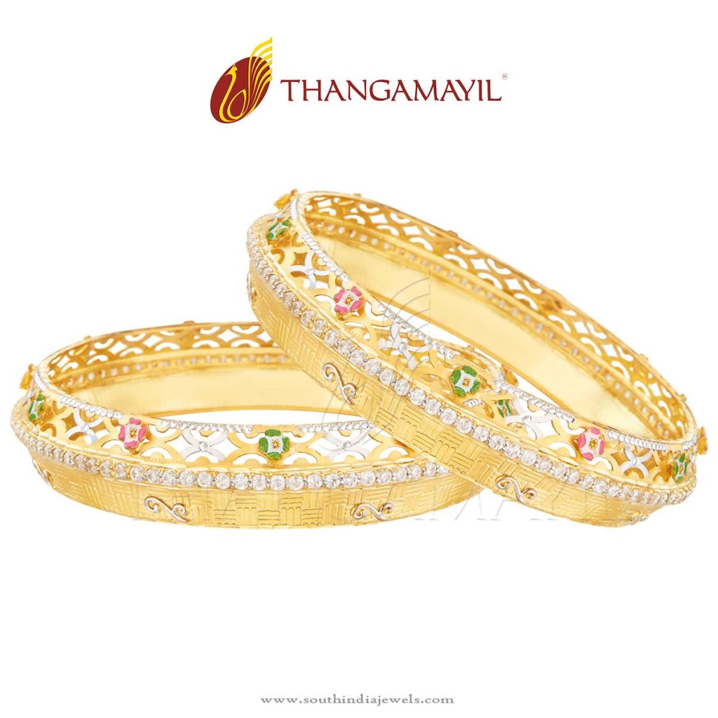 22k Gold Broad Stone Bangle Set From Thangamayil Jewellery