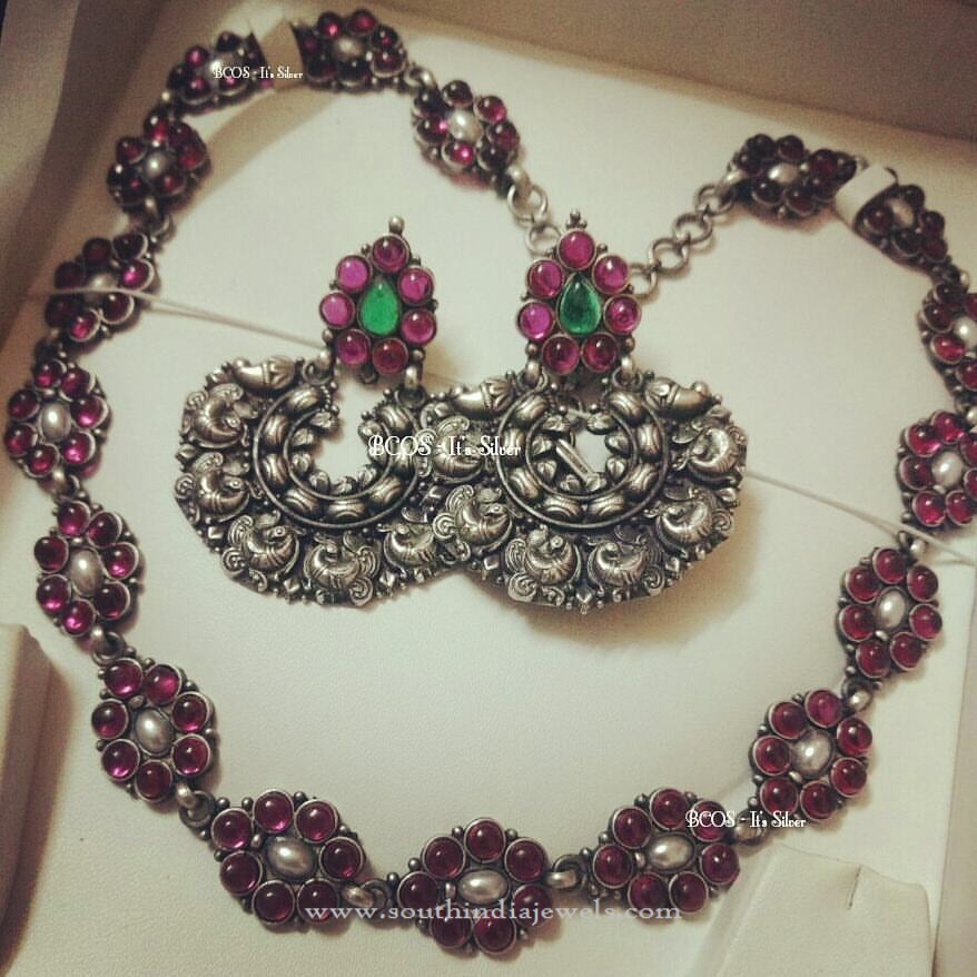 Pure Silver ruby studded necklace and chandbali