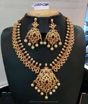 Gold Plated Red Stone Necklace - South India Jewels
