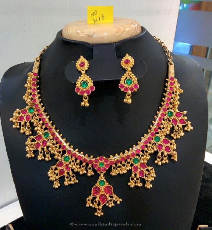 One Gram Gold Ruby Necklace with Earrings - South India Jewels