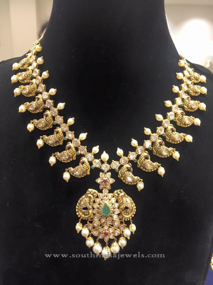 Gold Peacock Pachi Necklace with Pearls - South India Jewels