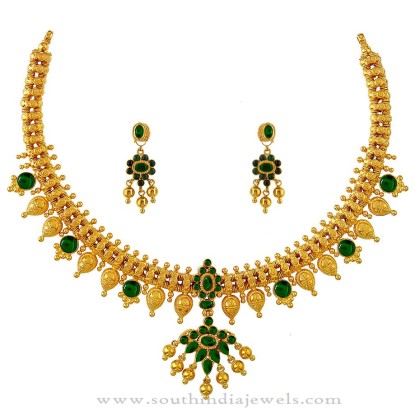 Gold Necklace with Green Stones - South India Jewels