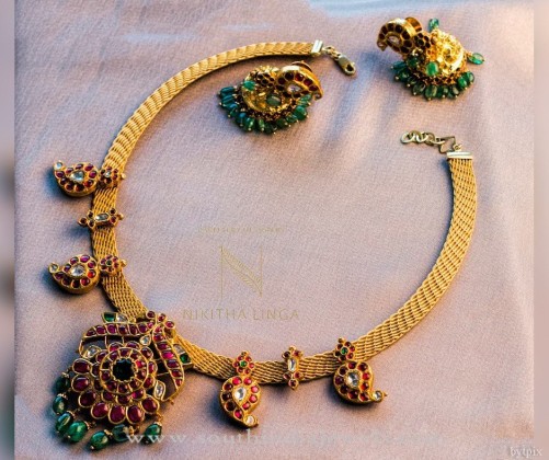 Gold South Indian Style Antique Necklace - South India Jewels