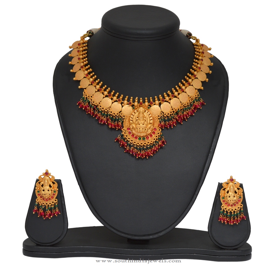 Gold Plated Temple Lakshmi Necklace and Earrings