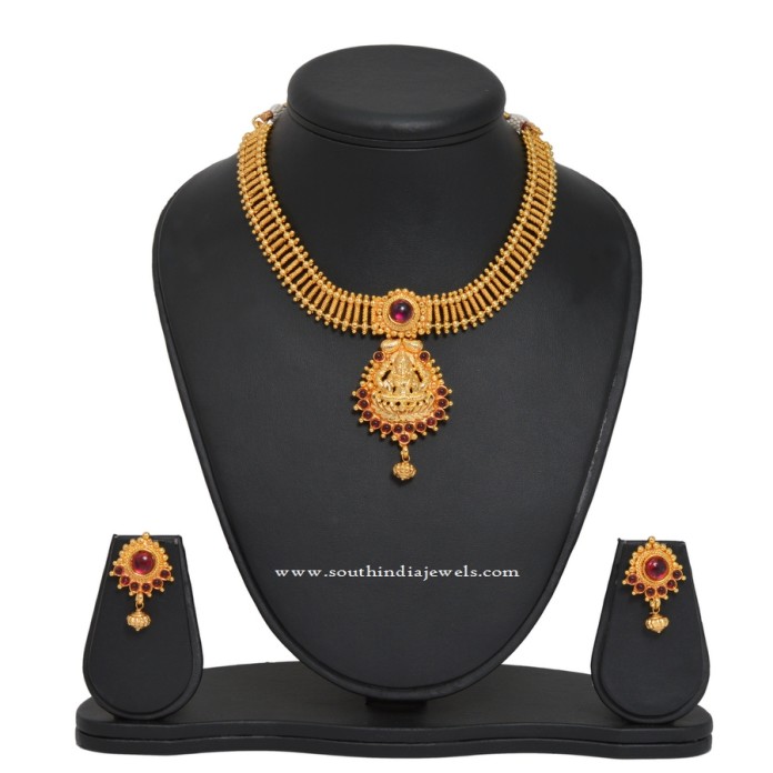 Gold Plated Lakshmi Attigai Necklace and Earrings - South India Jewels