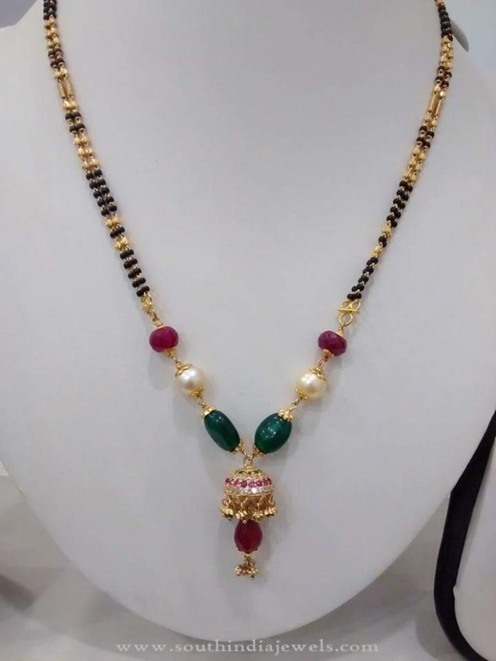 Gold Black Bead Chain with Rubies and Emeralds - South India Jewels