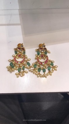 Gold Pearl Emerald Earrings - South India Jewels