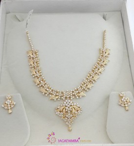 Gold White Stone Necklace Set and Earrings - South India Jewels
