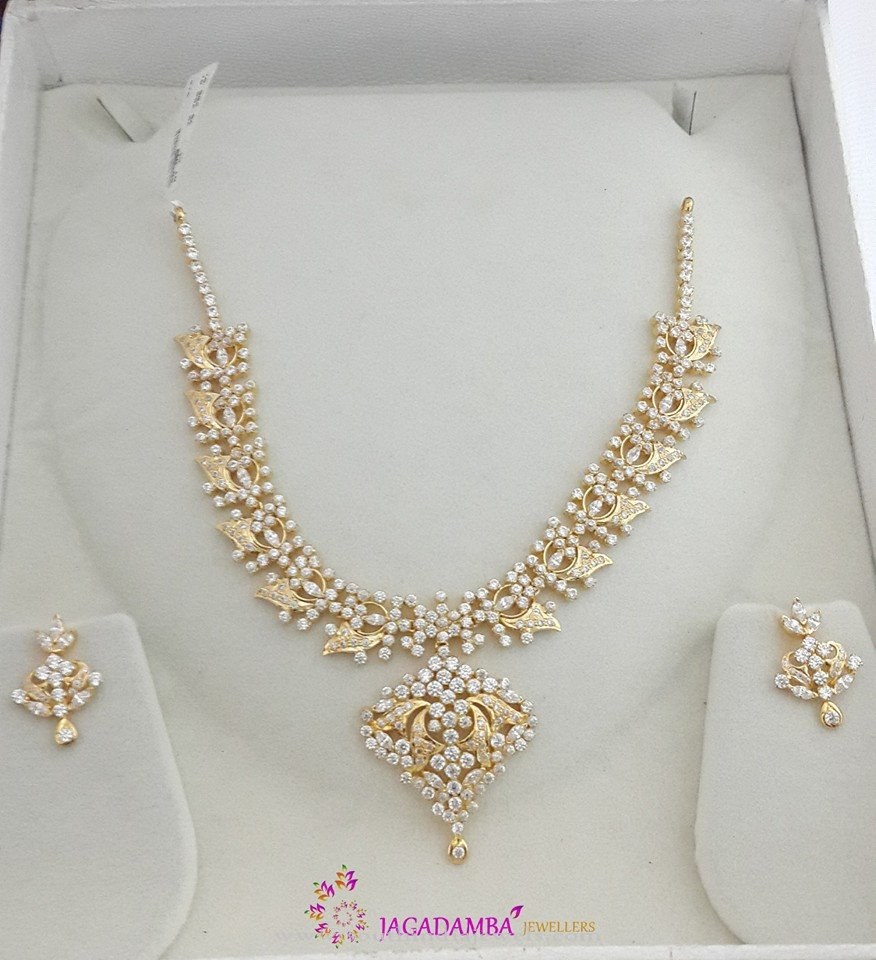 Gold White Stone Necklace Set and Earrings