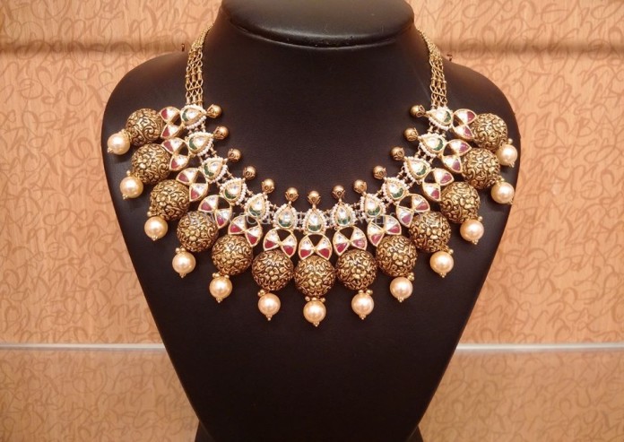 Gold Designer Kundan Necklace - South India Jewels