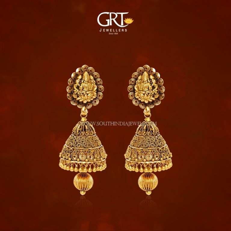 22K Gold Antique Finish Jhumka From GRT Jewellers - South India Jewels