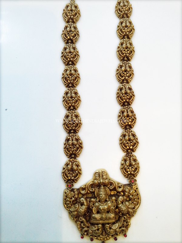 Gold Antique Long Haram With Temple Pendant