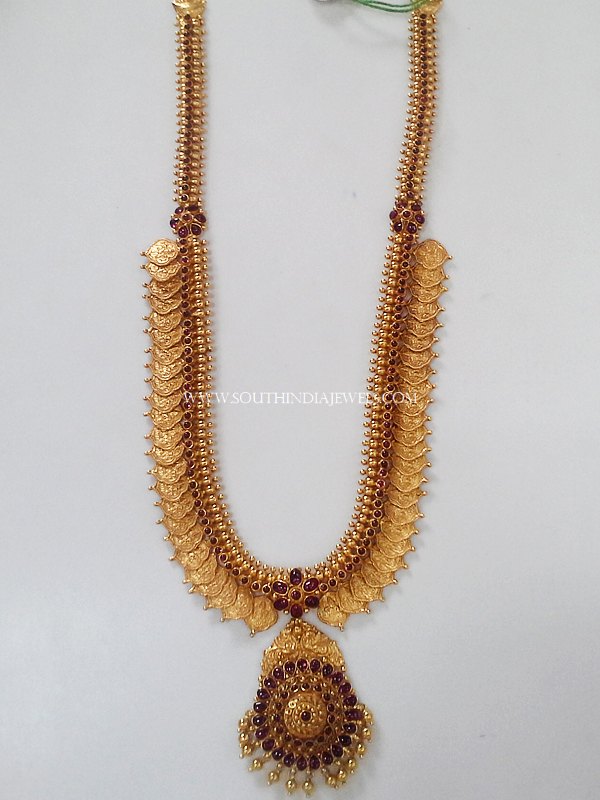 Gold Long Coin Haram With Ruby Pendant