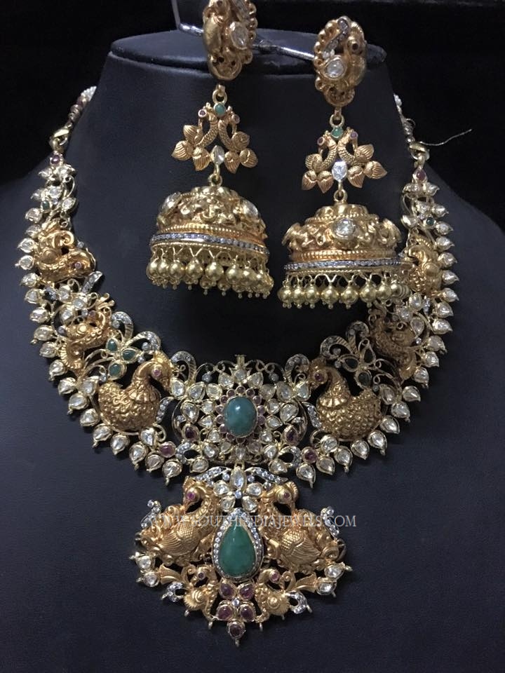 Gold Peacock Necklace With Jhumka