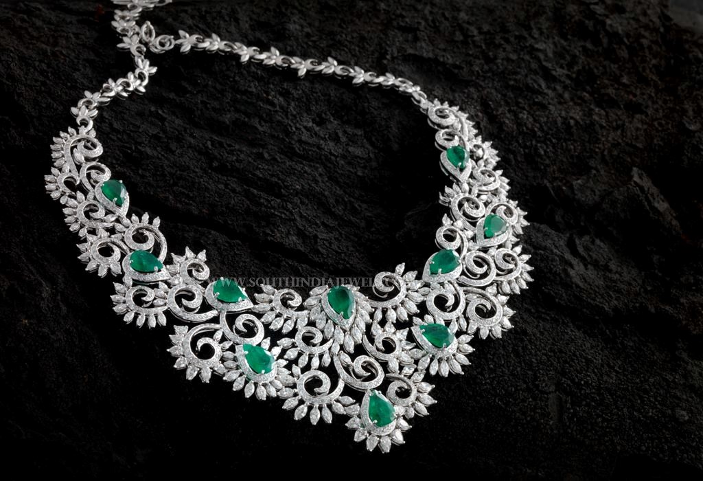 Designer Diamond Emerald Necklace From Aabushan Jewellery