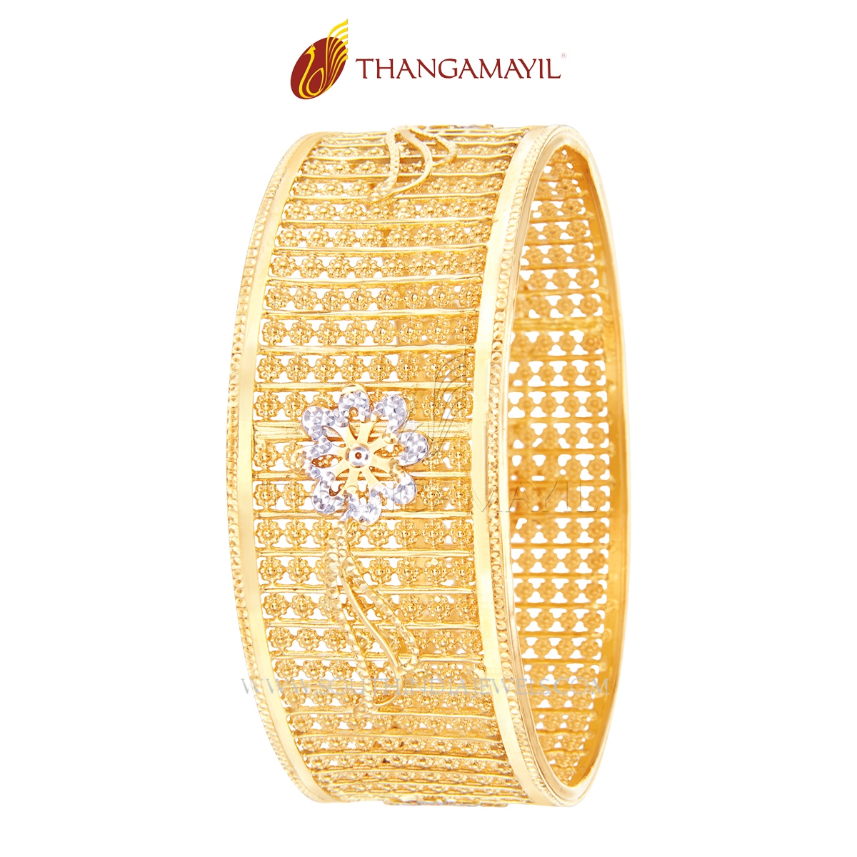 Gold Broad Bangle With White Stones