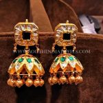 Gold Antique Jhumka With Green Kemp Stones