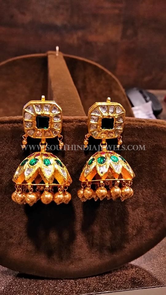 Gold Antique Jhumka With Green Kemp Stones