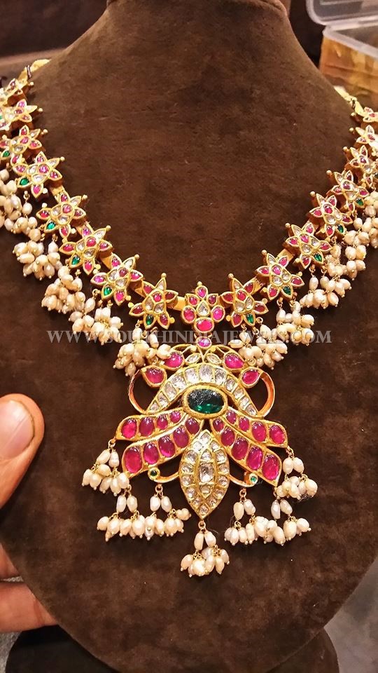 Gold Antique Necklace With Rubies & Pearls
