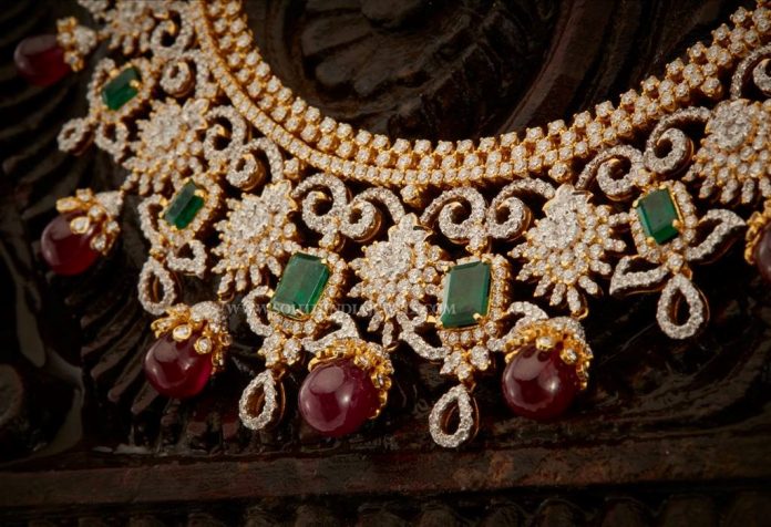 Diamond Necklace With Rubies & Emearlds - South India Jewels