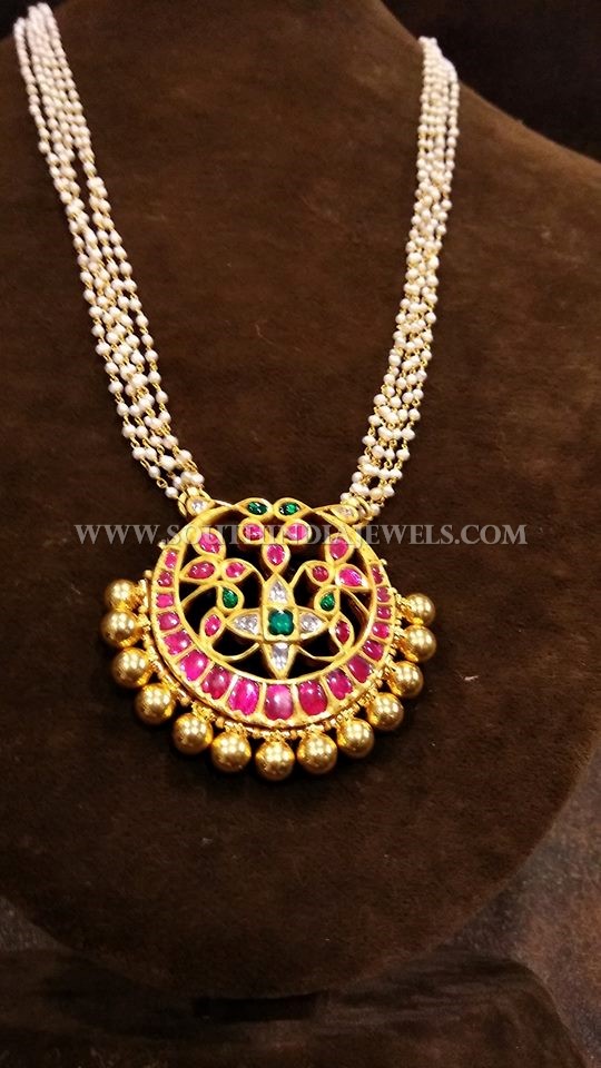 Gold Pearl Chain With Antique Ruby Pendant