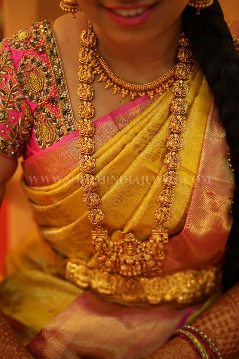 South Indian Bride in Gold Temple Haram & Vadanam