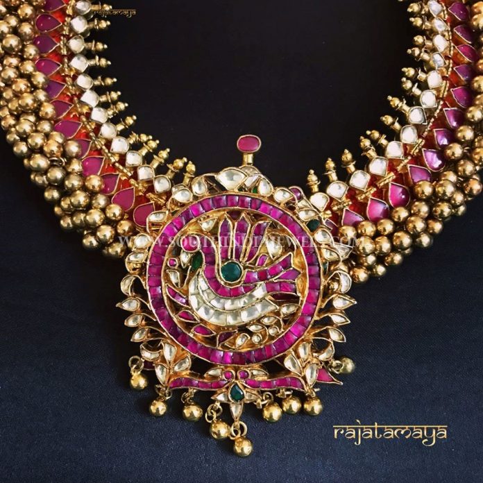 Gold Plated Pure Silver Ruby Necklace - South India Jewels