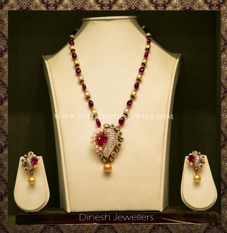 Gold Ruby Designer Necklace With Earrings