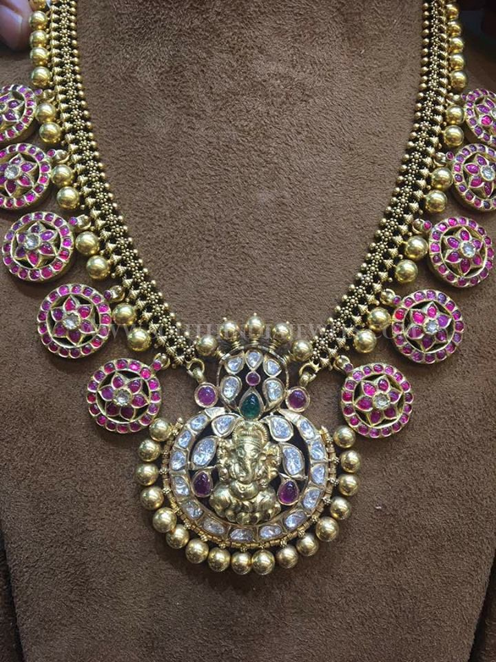 Antique Ruby Necklace With Ganesh Pendant - South India Jewels