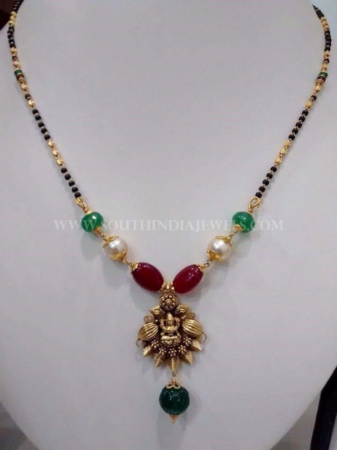Black Bead Neck With Rubies & Emeralds - South India Jewels
