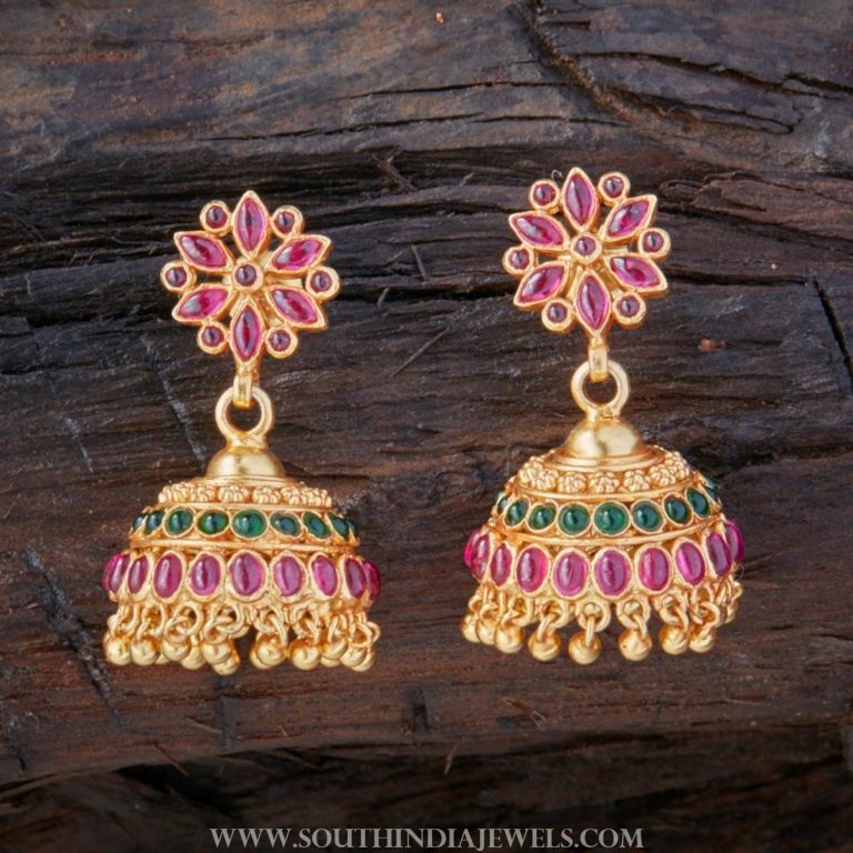 Gold Plated Traditional Ruby Emerald Jhumka - South India Jewels