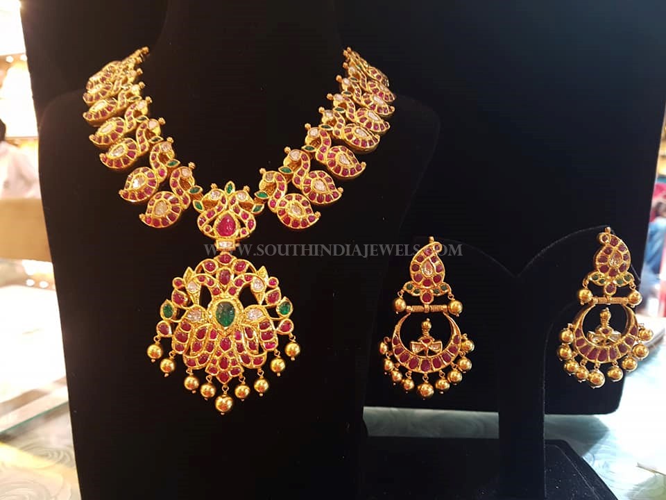 Gold Ruby Mango Necklace & Chandbali Earrings