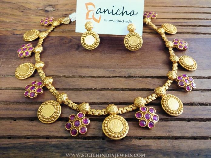 Gold Plated Ruby Coin Necklace From Anicha - South India Jewels