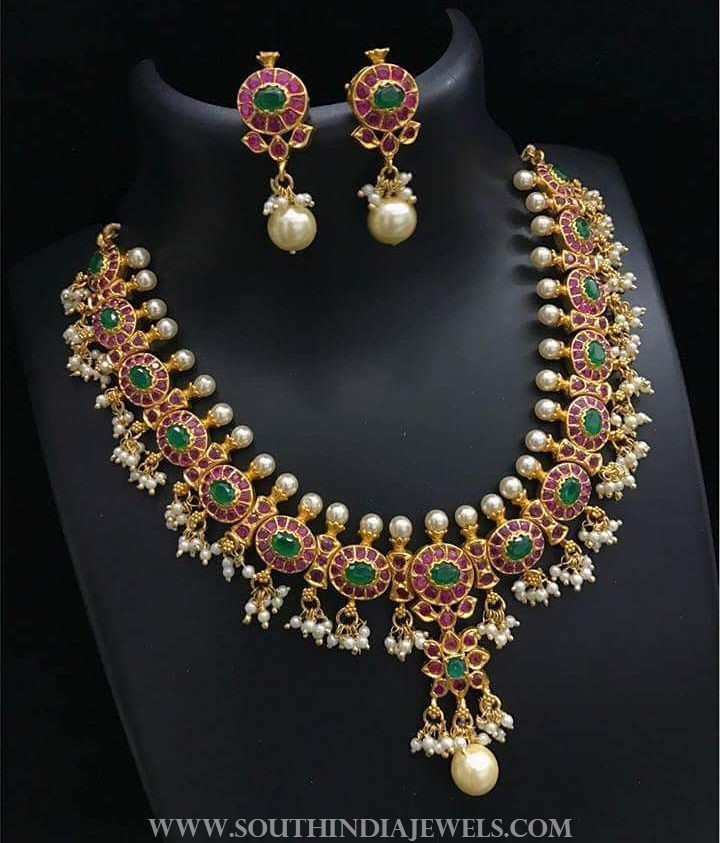 Imitation Ruby Emerald Necklace With Ear Studs