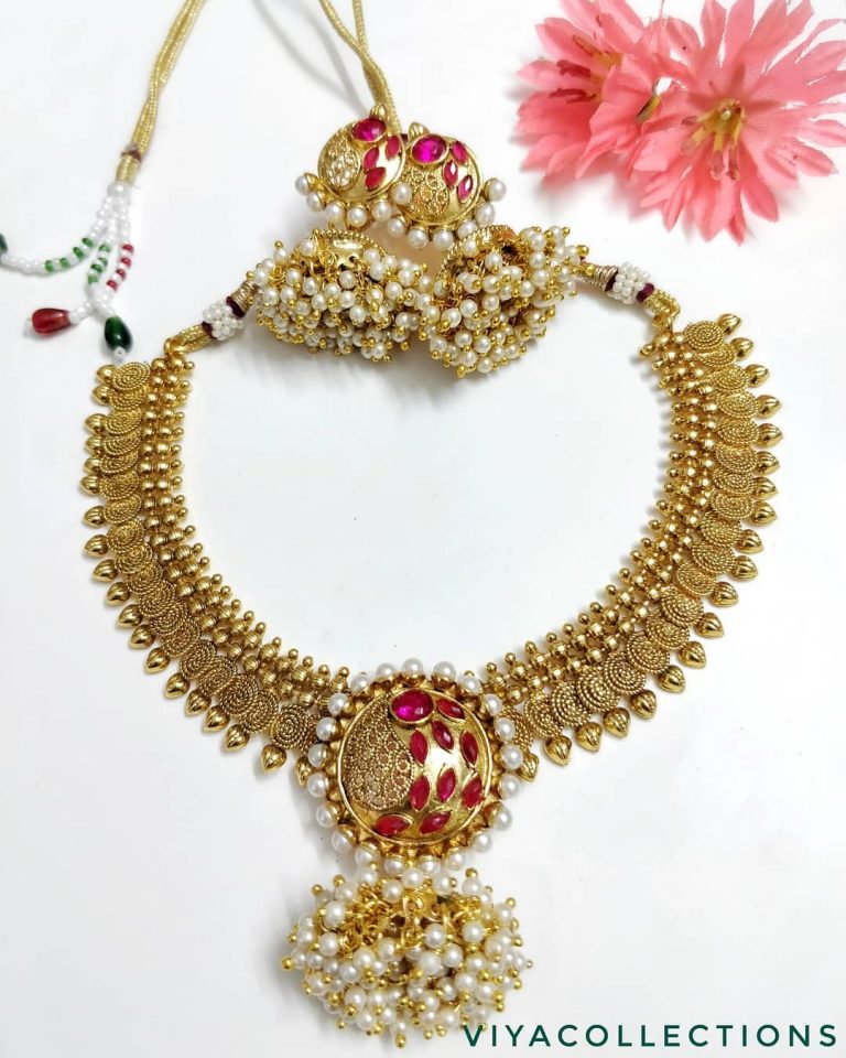 Traditional Ruby Stone Pearl Necklace From Viyacollections
