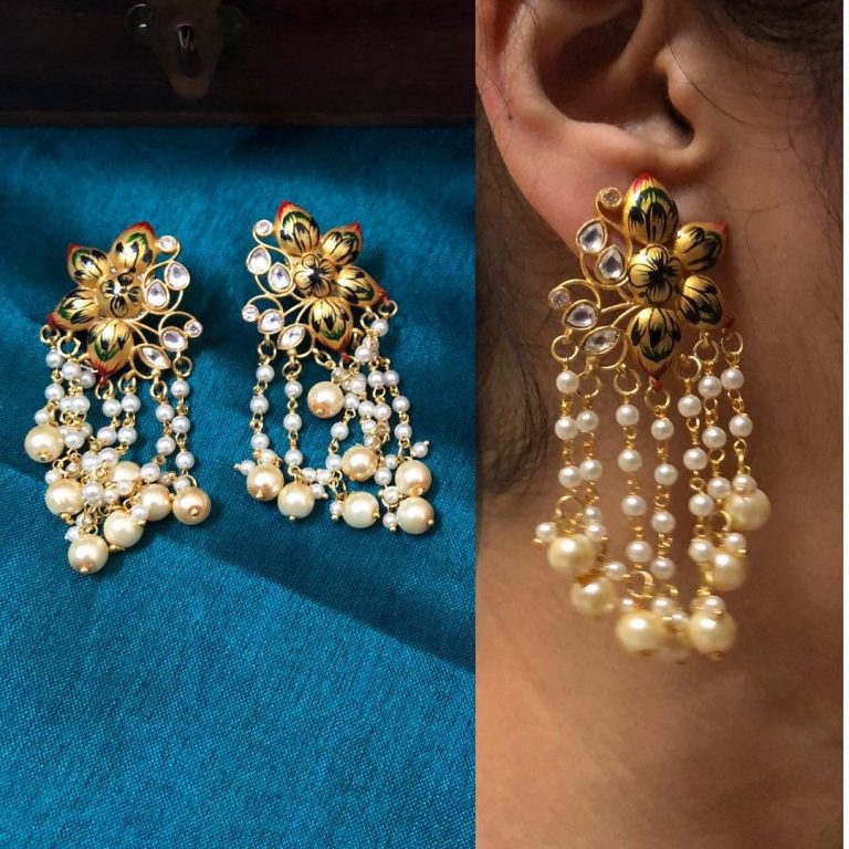 Lotus Enamel Pearl Bunch Earrings From Quillsspills - South India Jewels