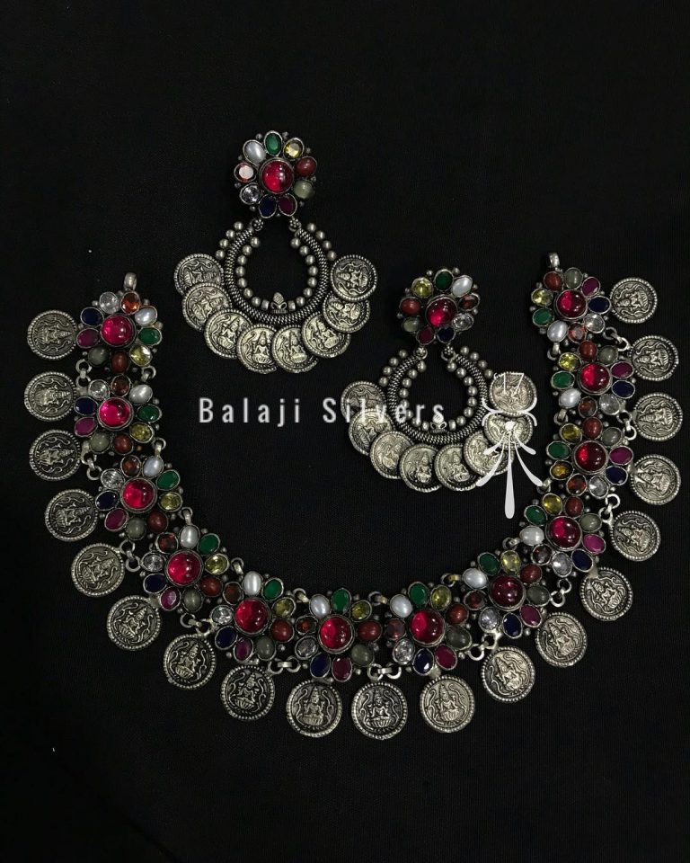 Oxidised Silver Navarathna Set From Balaji Silvers