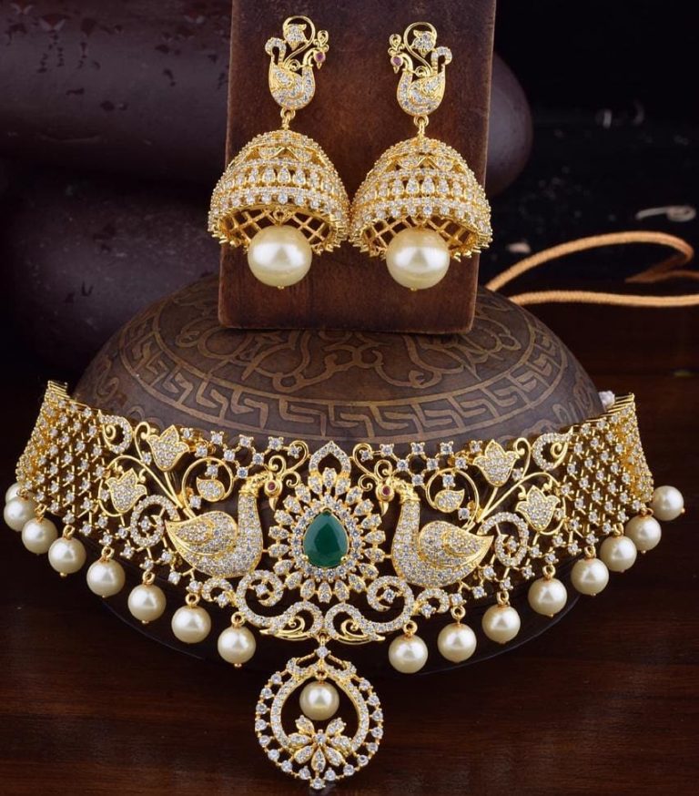 Gold polish AD Choker From Kruthika Jewellery