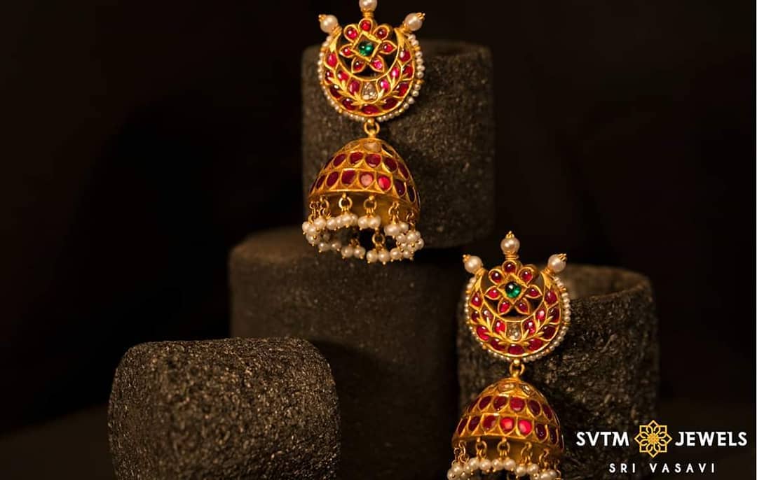 Pearl Studded Chandbali Earrings With Gold Jhumkas From Sri Vasavi Thangamaaligai