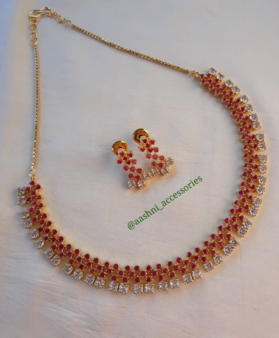 Red and White Stone Necklace with Earrings From Aashni Accessories