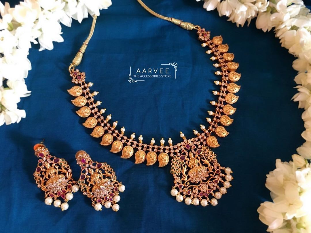 Matte Finish Lakshmi Necklace Set From Aarvee South India Jewels 