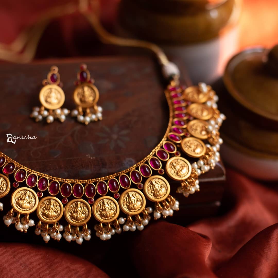 Matte Ruby Coin Necklace From Anicha - South India Jewels