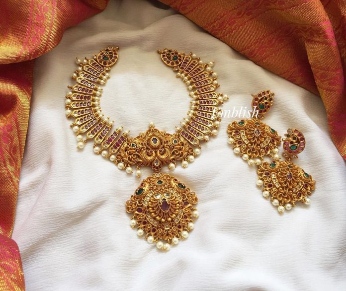 Kemp Peacock Neckpiece Set From Emblish - South India Jewels