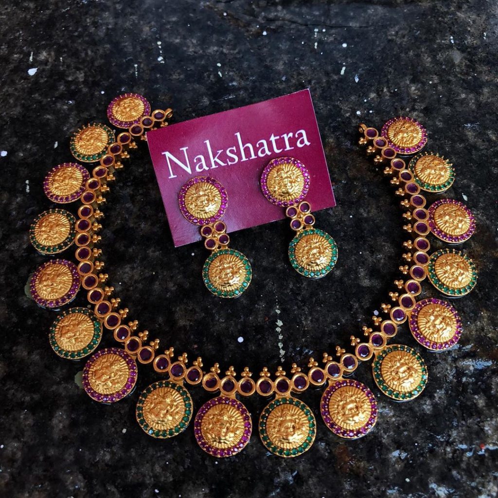Stunning Lakshmi coin Necklace Set From Nakshatra Chennai