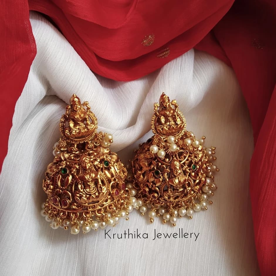 Intricate Lakshmi Devi Jhumkas From Kruthika Jewellery