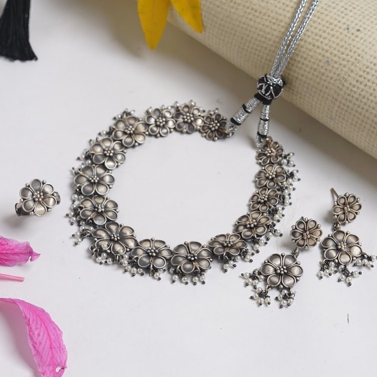 Beautiful Handmade Silver Necklace Set From Aadyaa Originals