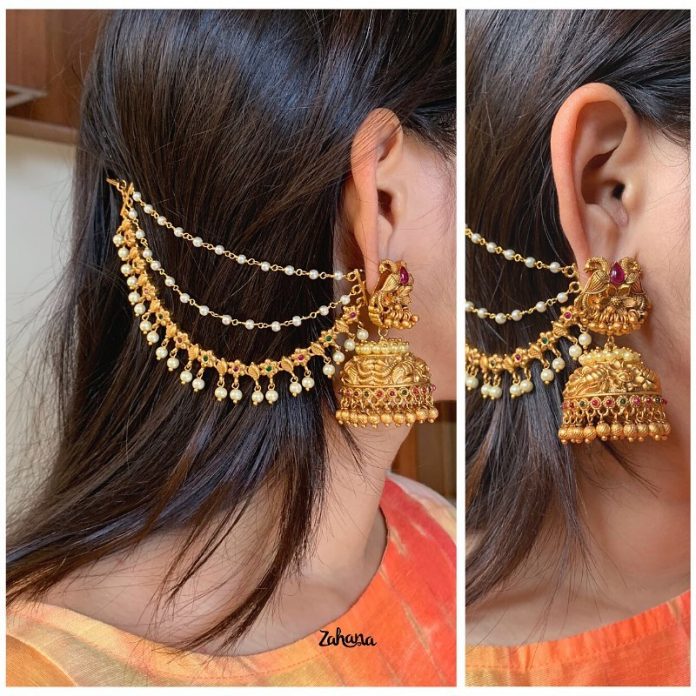 Jhumkas with Ear Chain by the brand Zahana - South India Jewels