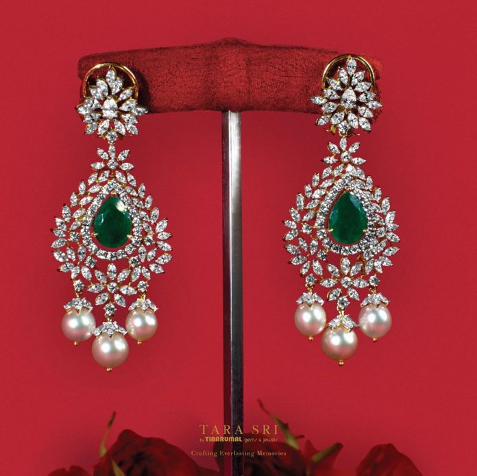 Diamond Earrings with Emerald and Pearls - South India Jewels