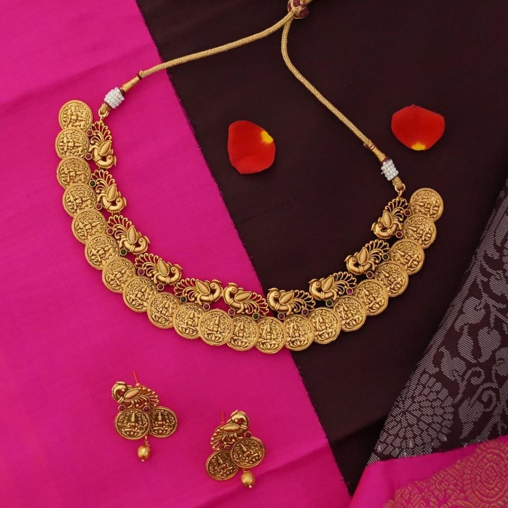 Antique Peacock and Lakshmi Necklace Set - South India Jewels